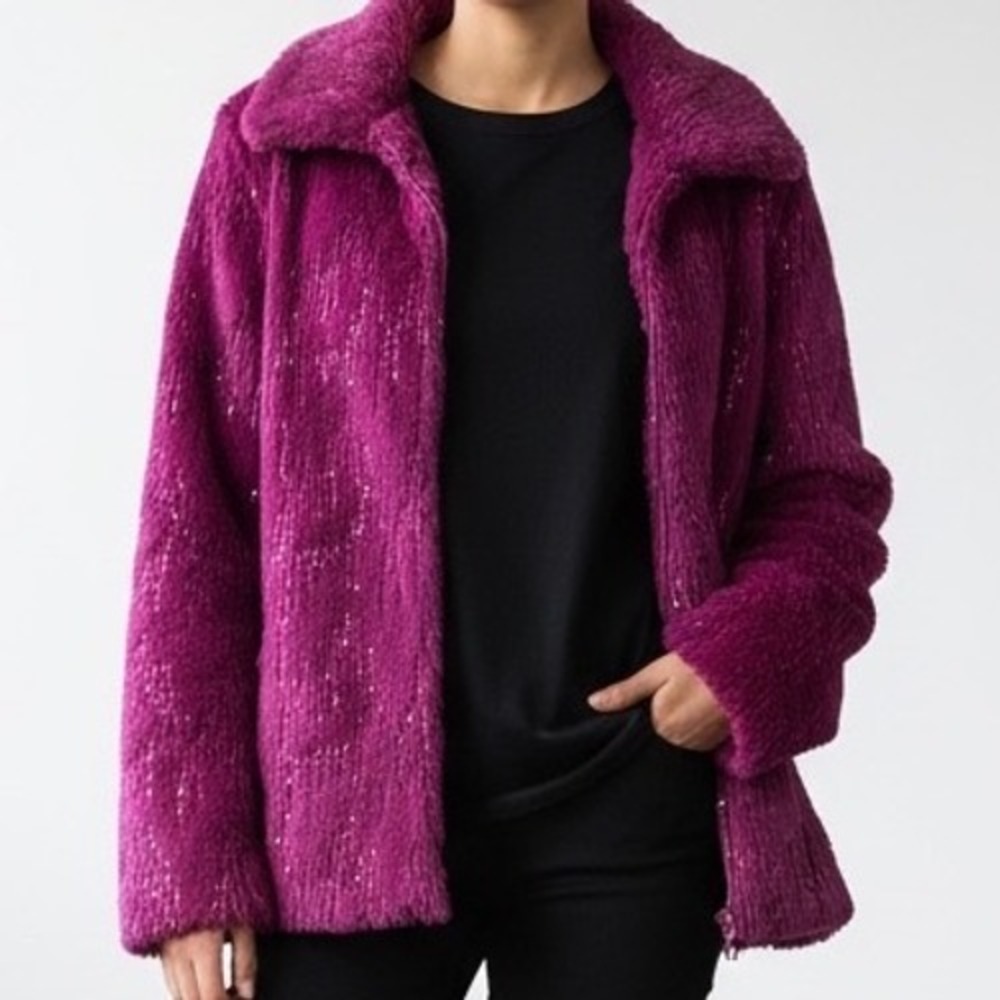Betsey Johnson Magenta Pink Sequin Faux Fur Jacket Leopard barbie glam Medium